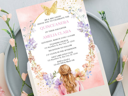 Blush Pink Quinceañera Invitation Template, Gold Butterfly, Floral (Digital Download)