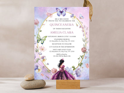 Lilac Purple Quinceañera Invitation Template, Gold Butterfly, Floral (Digital Download)