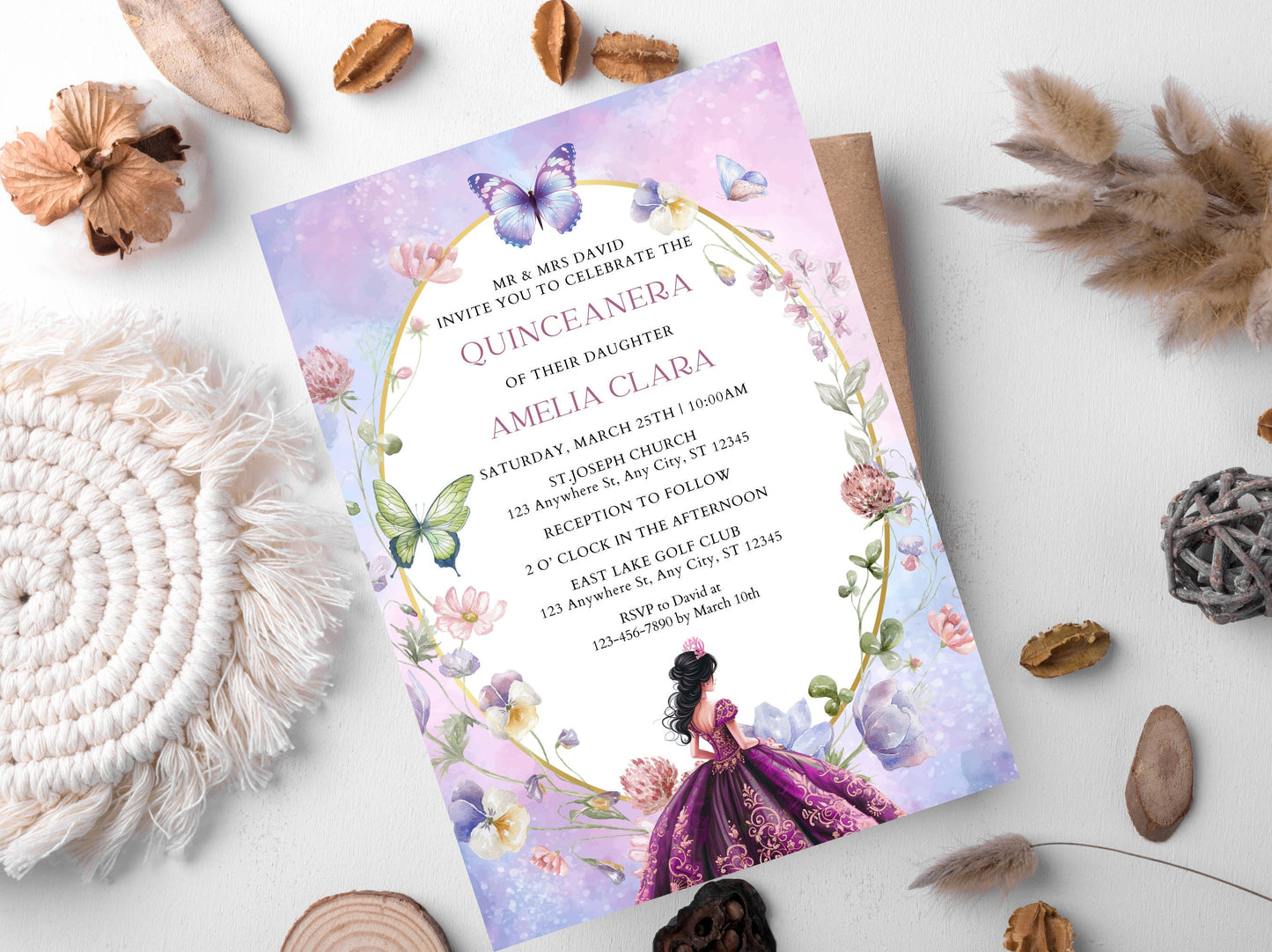 Lilac Purple Quinceañera Invitation Template, Gold Butterfly, Floral (Digital Download)