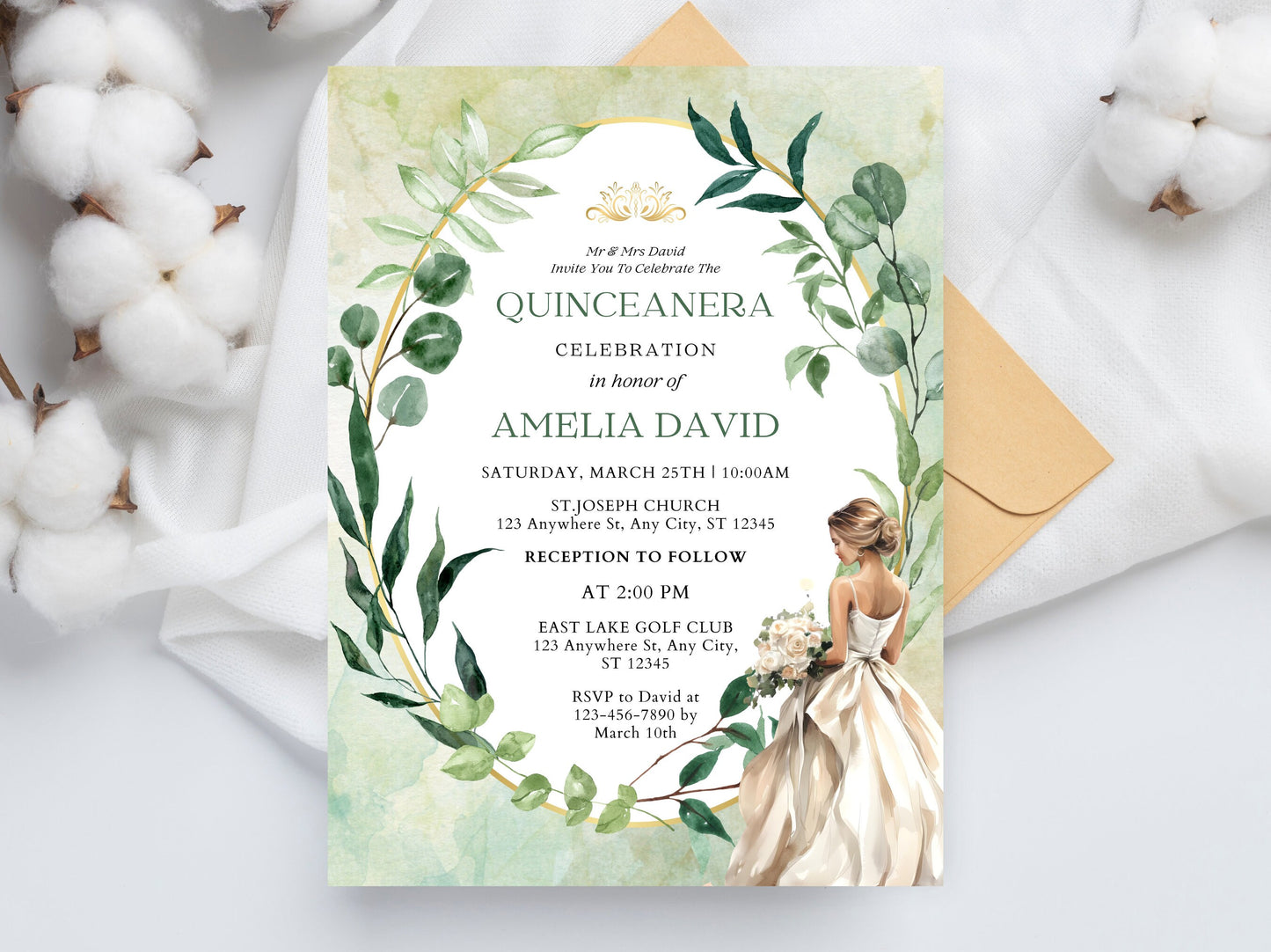 Saga Green Floral Quinceañera Invitation Template (Digital Download)