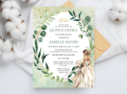 Saga Green Floral Quinceañera Invitation Template (Digital Download)