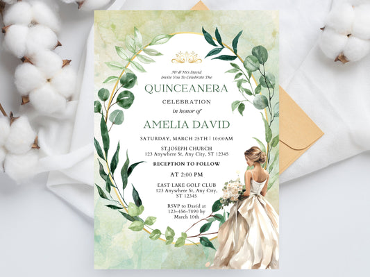 Saga Green Floral Quinceañera Invitation Template (Digital Download)
