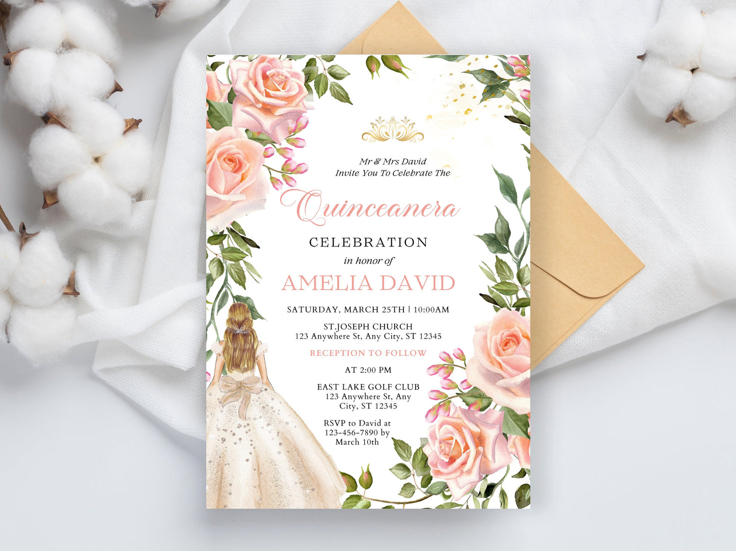 Pink Rose Quinceañera Invitation Template, Gold Butterfly Accents (Canva Editable)