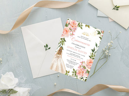 Pink Rose Quinceañera Invitation Template, Gold Butterfly Accents (Canva Editable)
