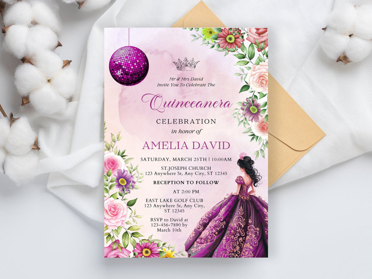 Lilac Purple Floral Quinceañera Invitation Template (Digital Download)