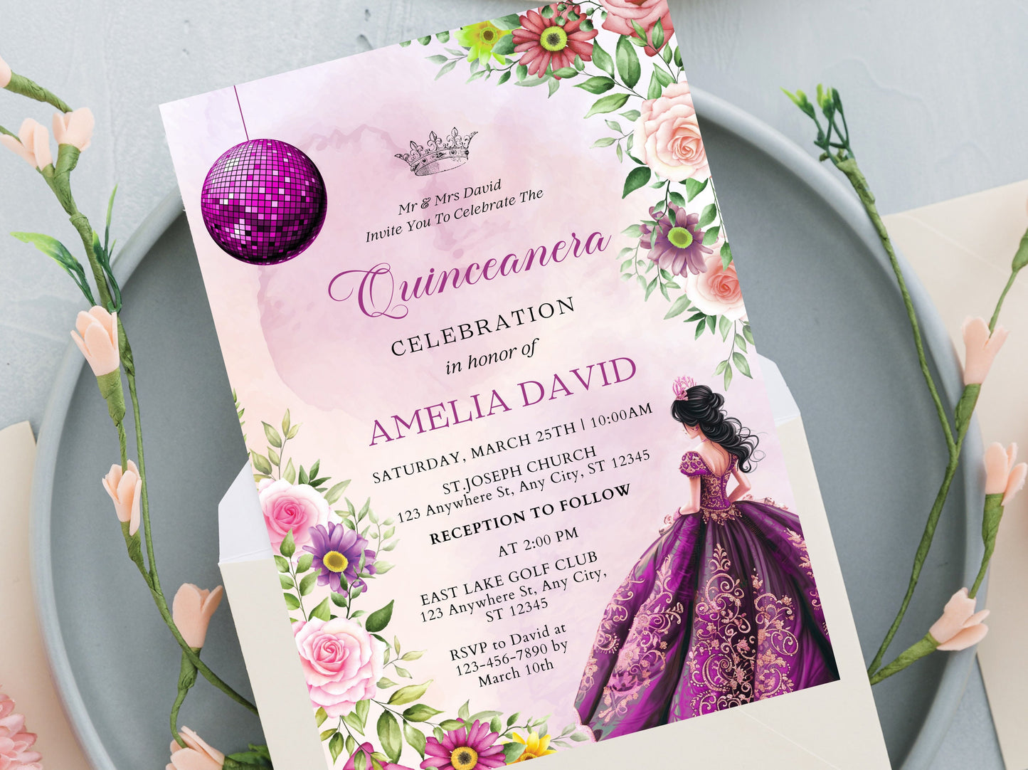 Lilac Purple Floral Quinceañera Invitation Template (Digital Download)
