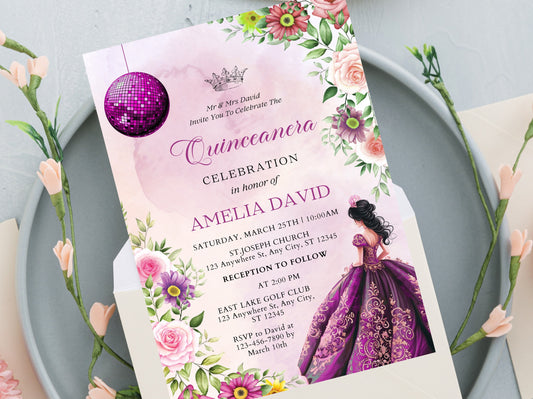 Lilac Purple Floral Quinceañera Invitation Template (Digital Download)
