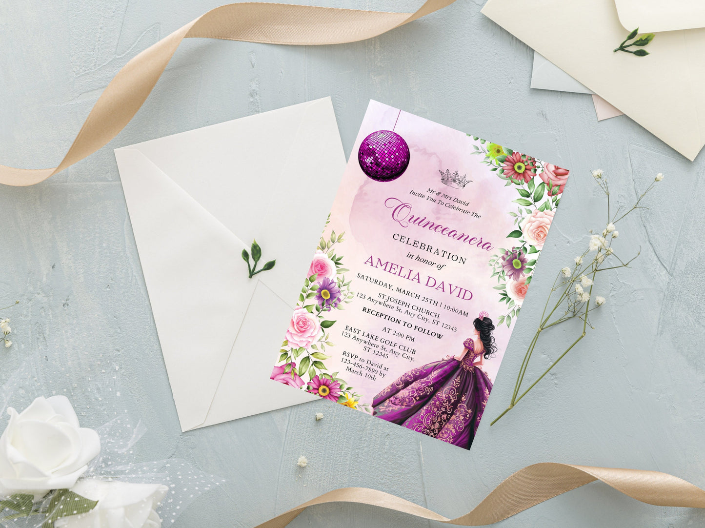 Lilac Purple Floral Quinceañera Invitation Template (Digital Download)