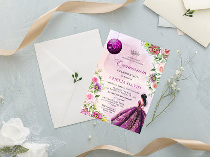 Lilac Purple Floral Quinceañera Invitation Template (Digital Download)