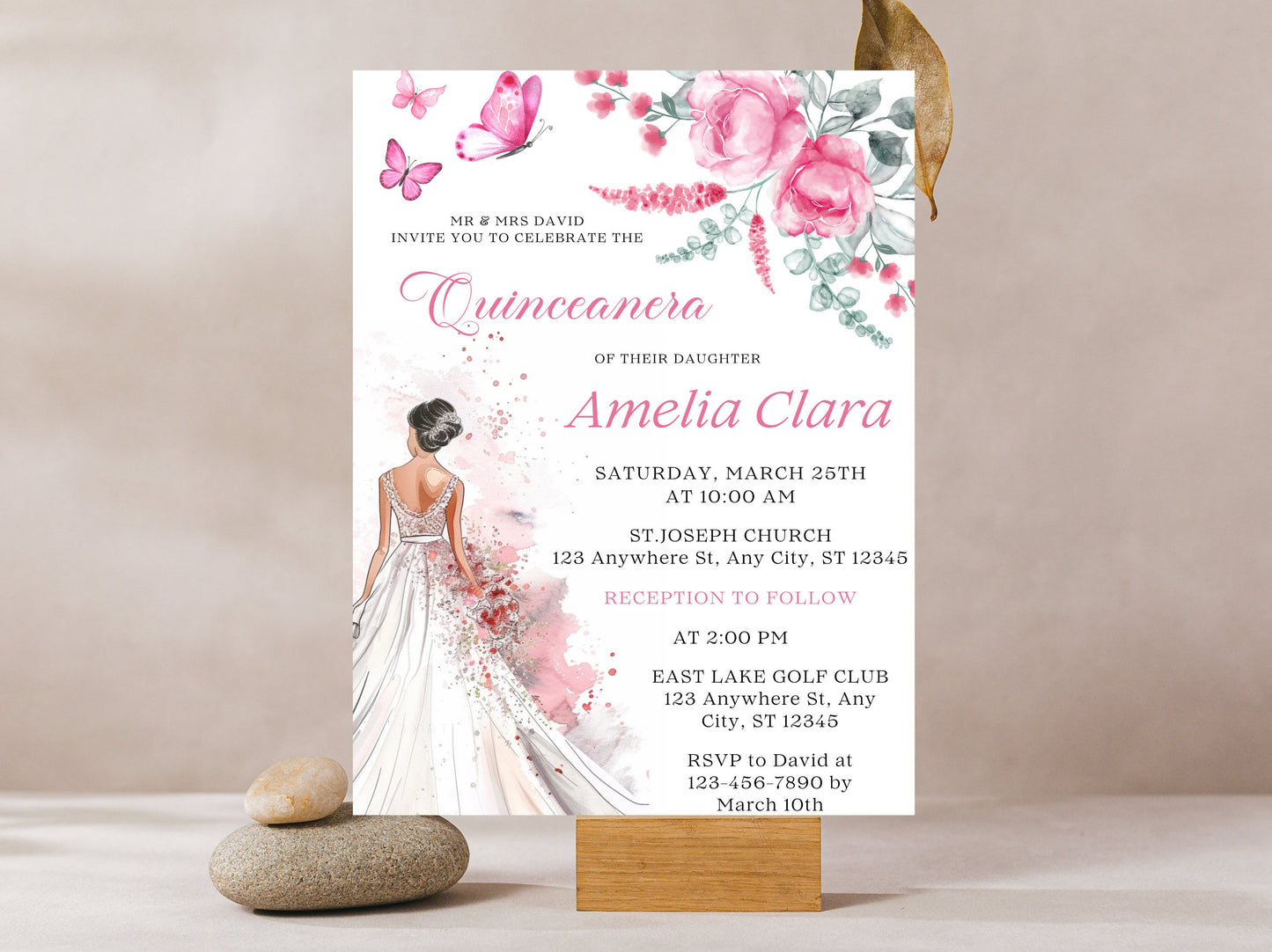 Blush Pink Rose Quinceañera Invitation Template (Digital Download)