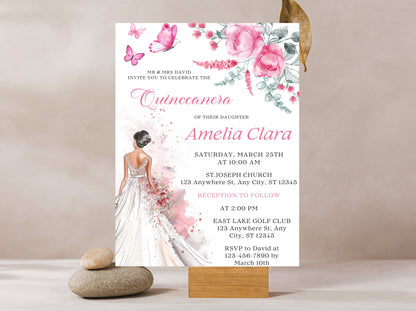 Blush Pink Rose Quinceañera Invitation Template (Digital Download)