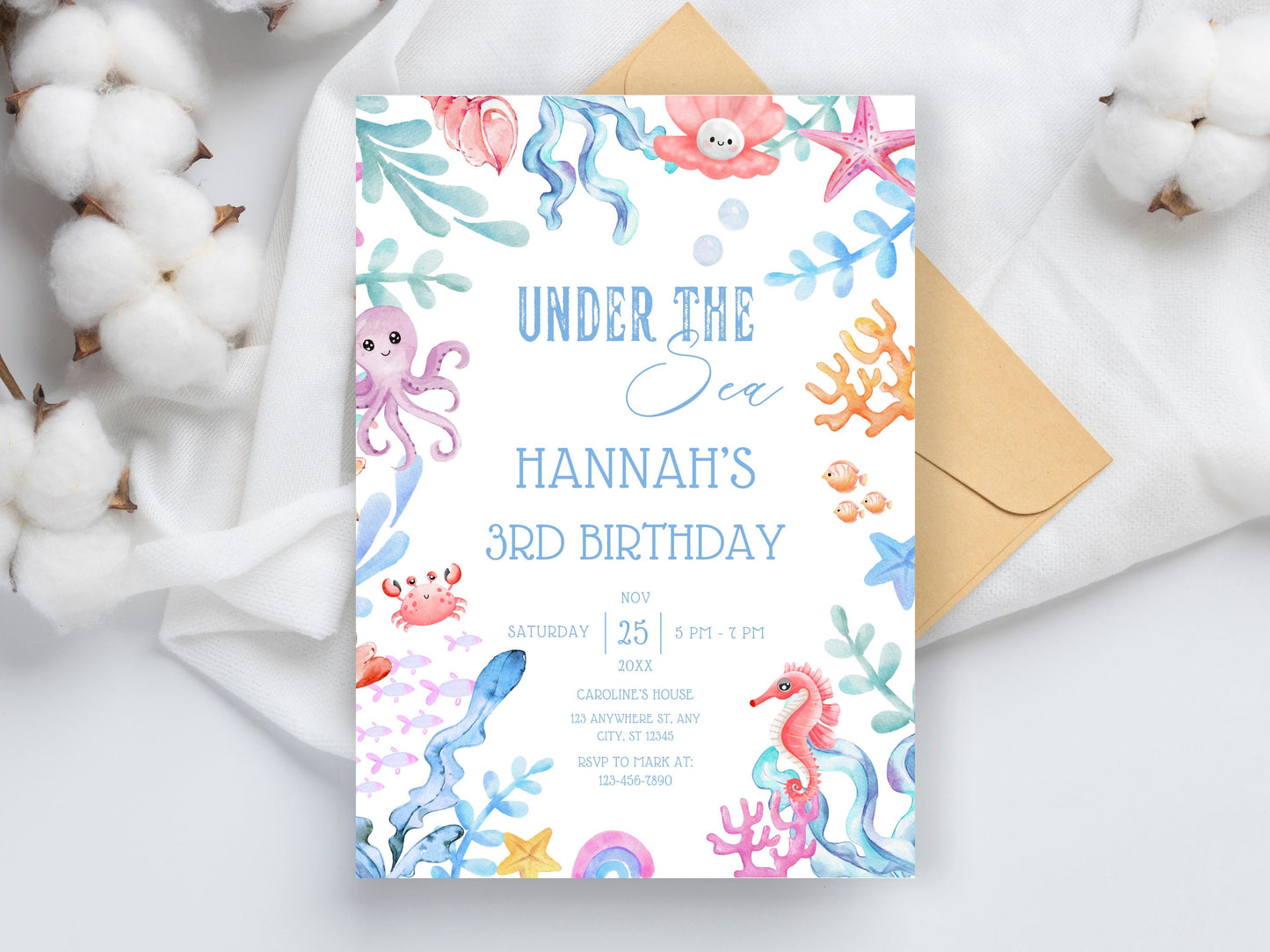 Under The Sea Birthday Invitation, Ocean Animals Party, Editable Template (Digital Download)