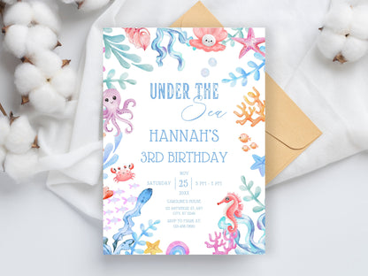 Under The Sea Birthday Invitation, Ocean Animals Party, Editable Template (Digital Download)