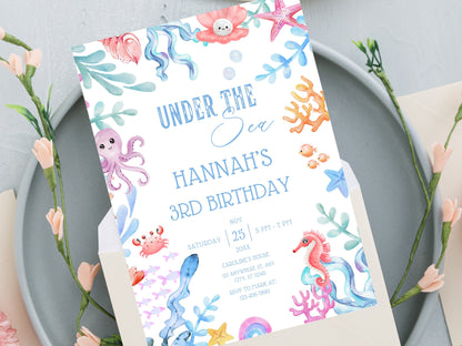 Under The Sea Birthday Invitation, Ocean Animals Party, Editable Template (Digital Download)