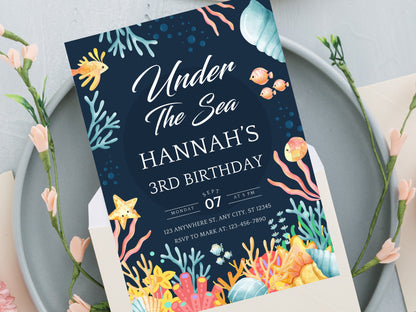 Under the Sea Birthday Invitation, Ocean Animals, Editable Template (Digital Download)