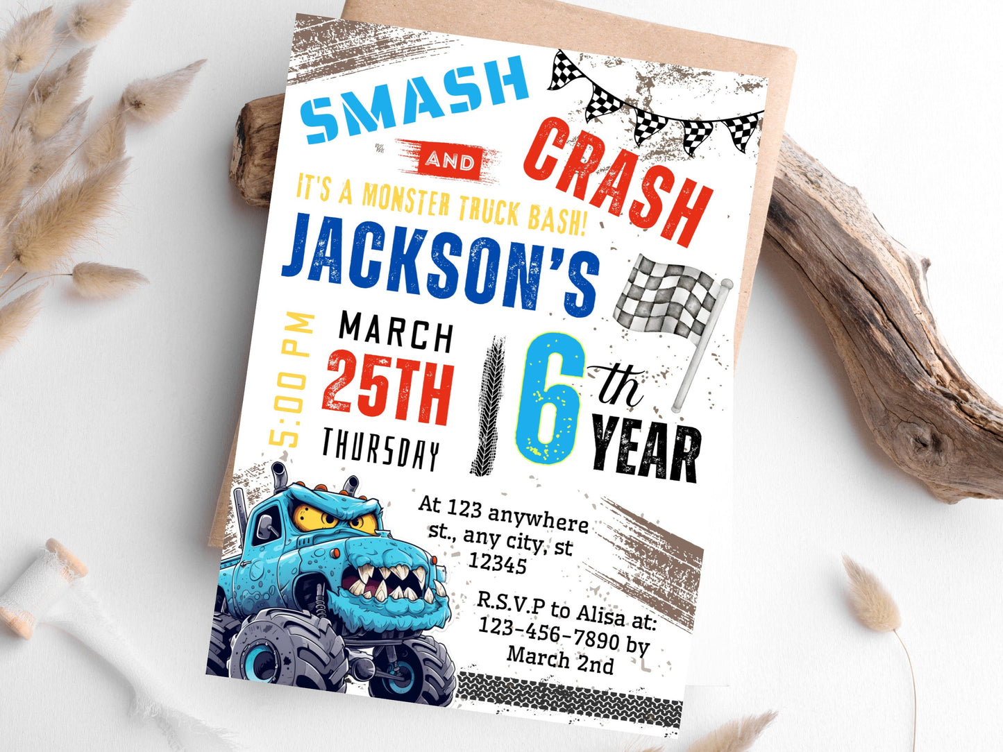 Invitation d'anniversaire Monster Truck modifiable, Fête des grandes roues (Invitation à imprimer)