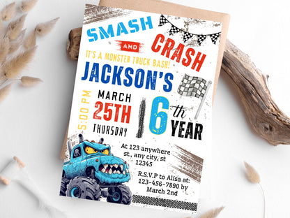 Invitation d'anniversaire Monster Truck modifiable, Fête des grandes roues (Invitation à imprimer)