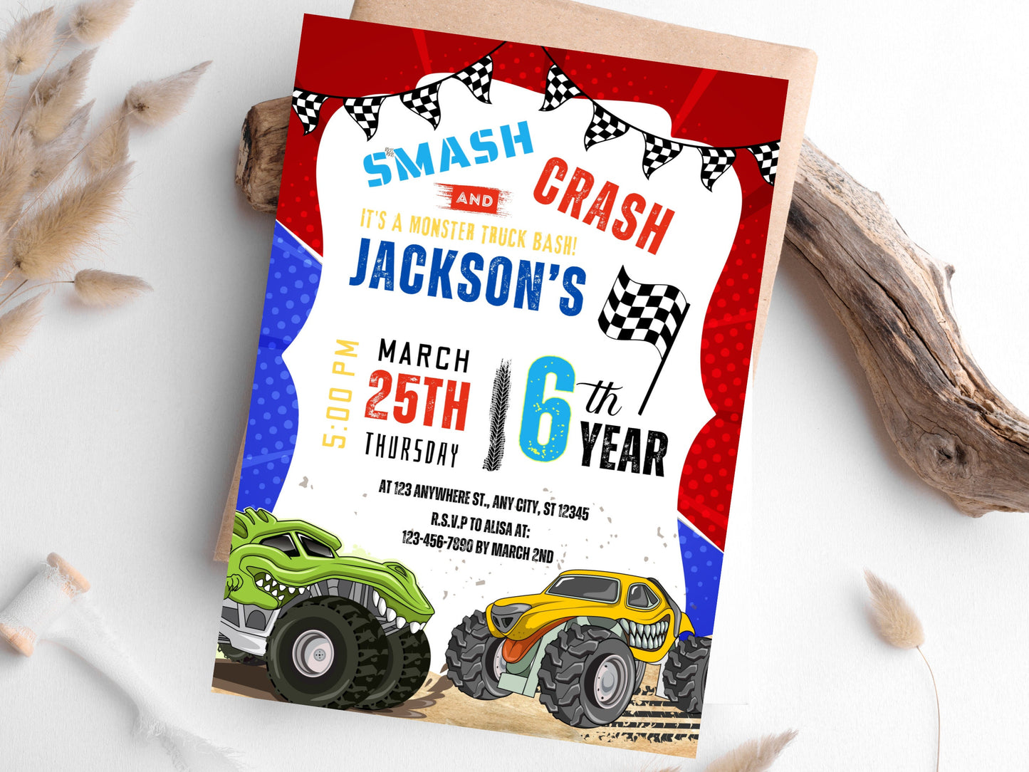 Bearbeitbare Einladung zum Monster-Truck-Geburtstag, Big-Wheel-Party (PDF)