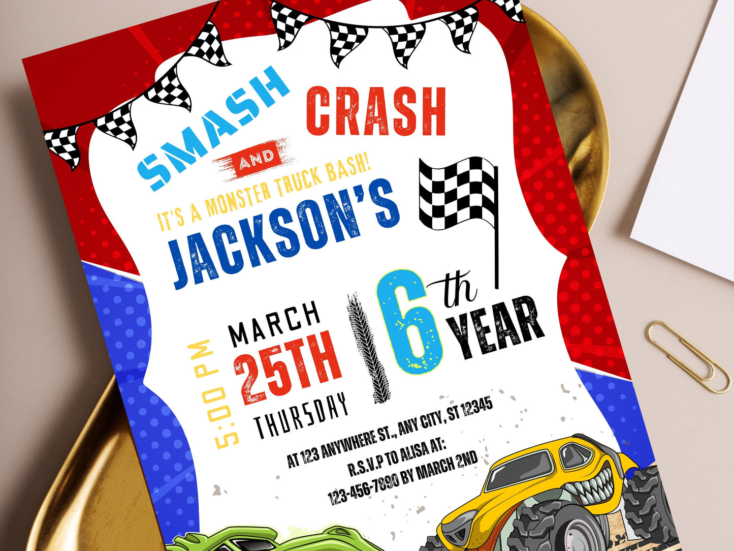 Bearbeitbare Einladung zum Monster-Truck-Geburtstag, Big-Wheel-Party (PDF)