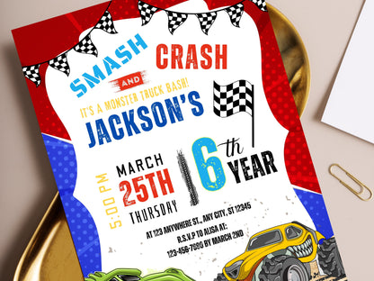 Bearbeitbare Einladung zum Monster-Truck-Geburtstag, Big-Wheel-Party (PDF)
