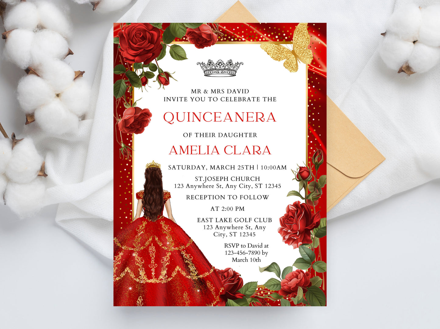 Burgundy Red Rose Quinceañera Invitation, Gold Floral, Editable Template (Digital Download)
