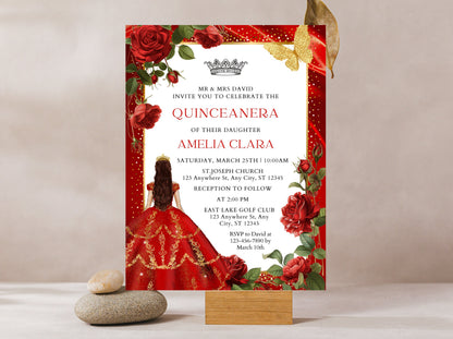 Burgundy Red Rose Quinceañera Invitation, Gold Floral, Editable Template (Digital Download)