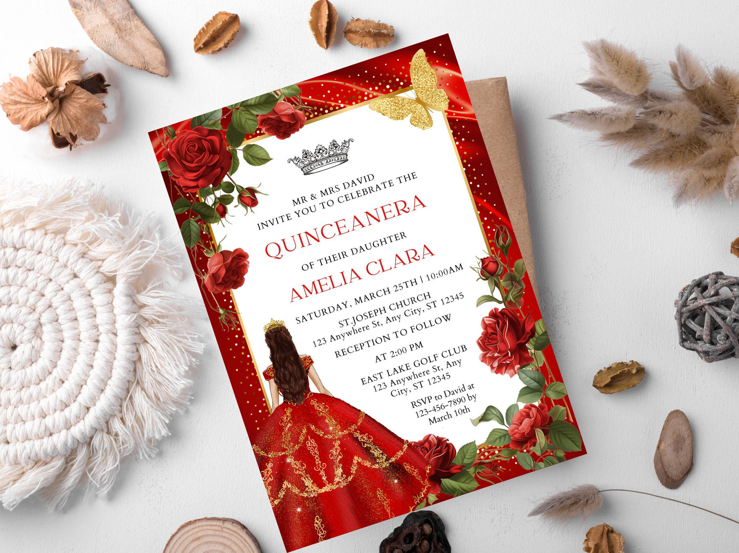 Burgundy Red Rose Quinceañera Invitation, Gold Floral, Editable Template (Digital Download)