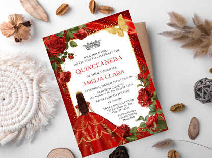 Burgundy Red Rose Quinceañera Invitation, Gold Floral, Editable Template (Digital Download)
