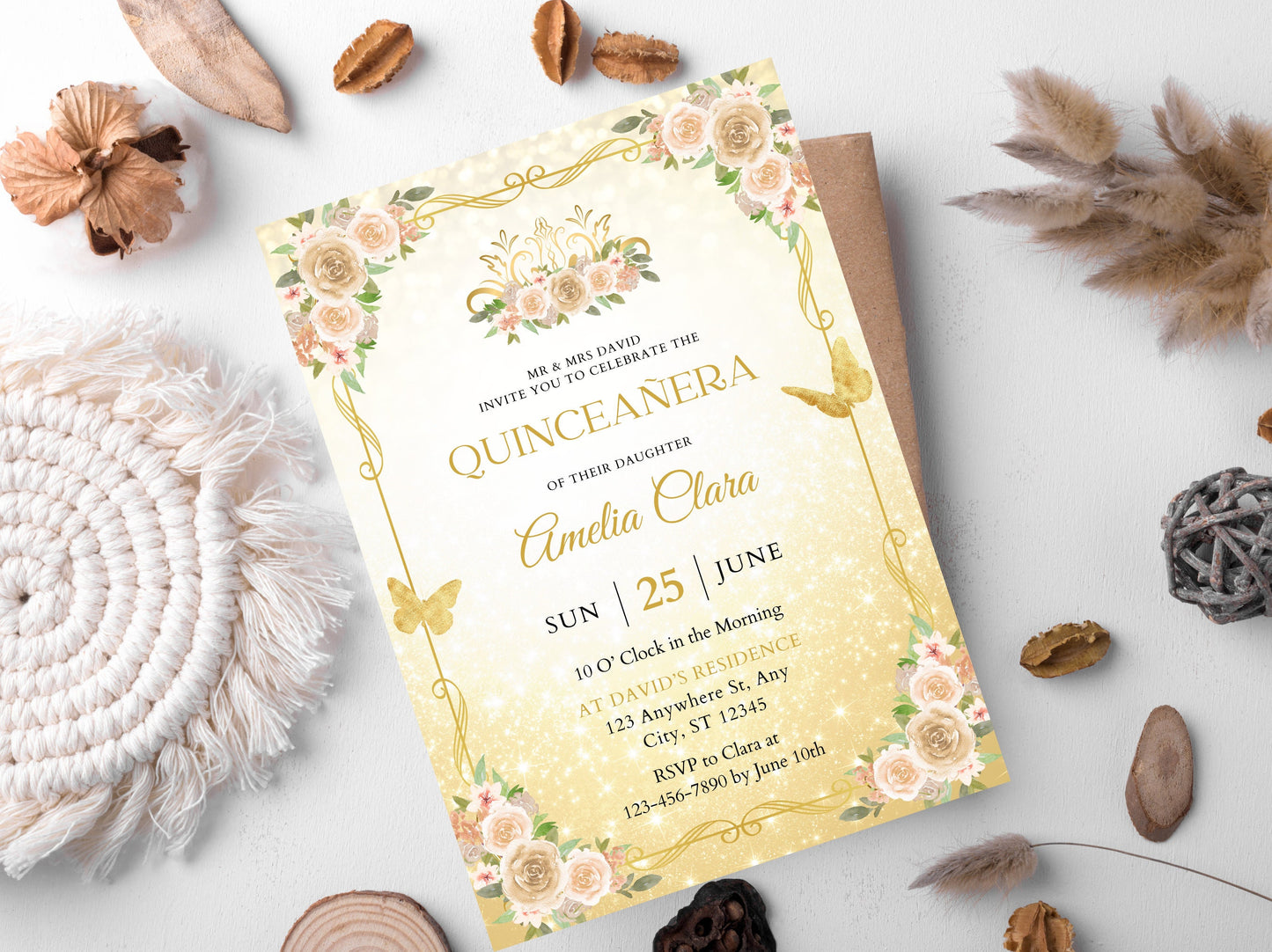 Editable Gold Butterfly Quinceañera Invitation Template, Sweet 16, Girl 15th Birthday Party Invite, Quinceanera Invitation, Instant Download