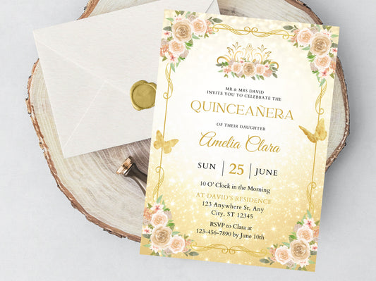 Editable Gold Butterfly Quinceañera Invitation Template, Sweet 16, Girl 15th Birthday Party Invite, Quinceanera Invitation, Instant Download