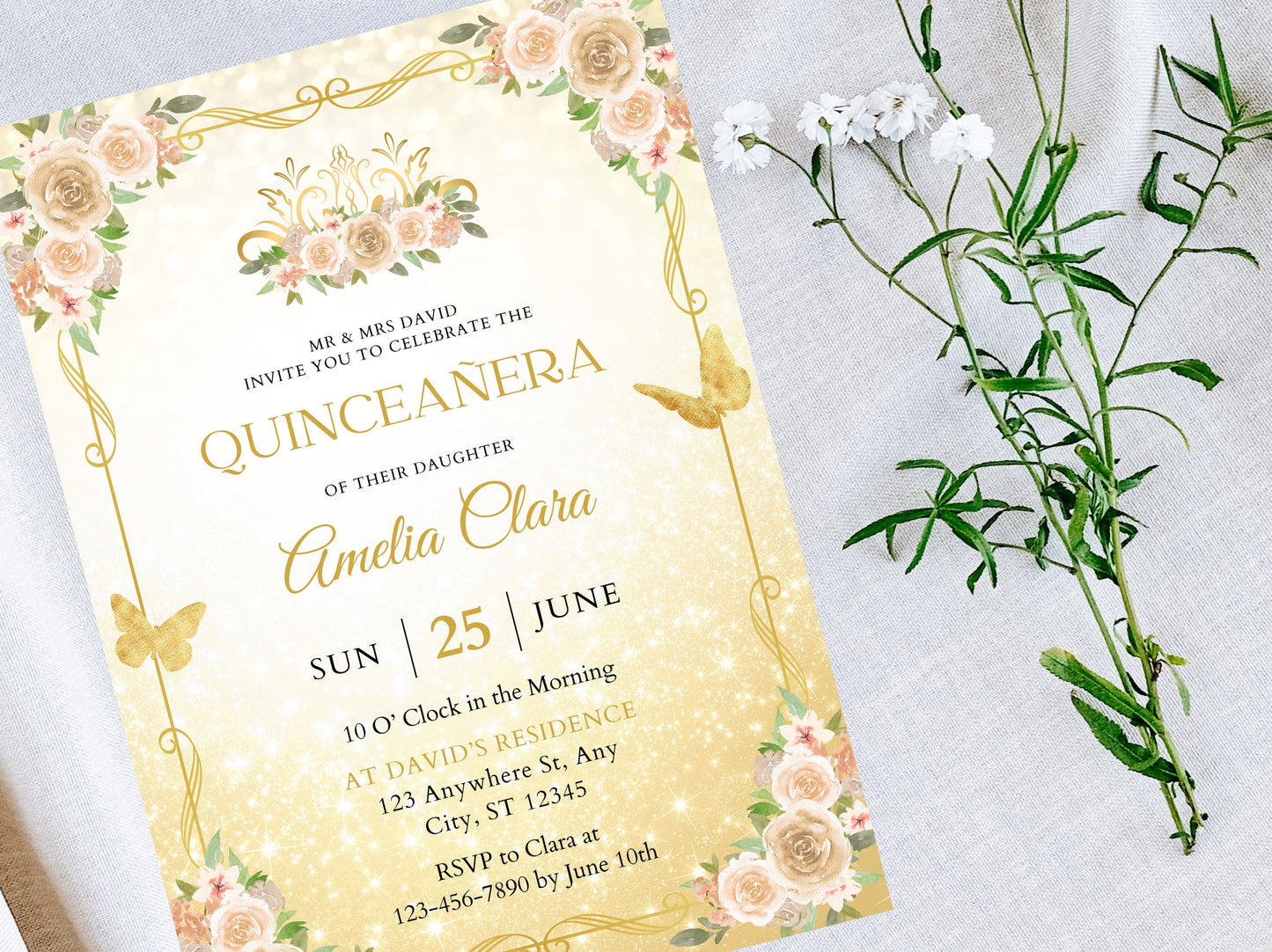 Editable Gold Butterfly Quinceañera Invitation Template, Sweet 16, Girl 15th Birthday Party Invite, Quinceanera Invitation, Instant Download