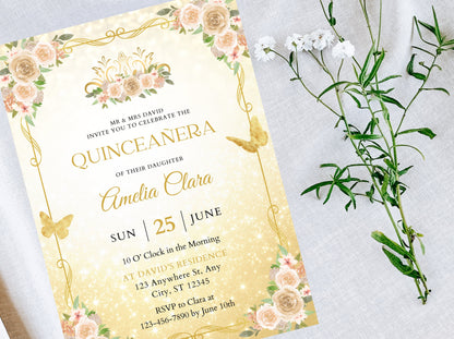 Editable Gold Butterfly Quinceañera Invitation Template, Sweet 16, Girl 15th Birthday Party Invite, Quinceanera Invitation, Instant Download