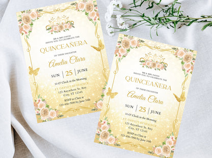 Editable Gold Butterfly Quinceañera Invitation Template, Sweet 16, Girl 15th Birthday Party Invite, Quinceanera Invitation, Instant Download