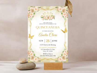 Quinceañera Invitation Template, Floral Miss Quince Anos, Gold Quinceanera Party Invite, Sweet 16, Girl 15th Birthday, Instant Download