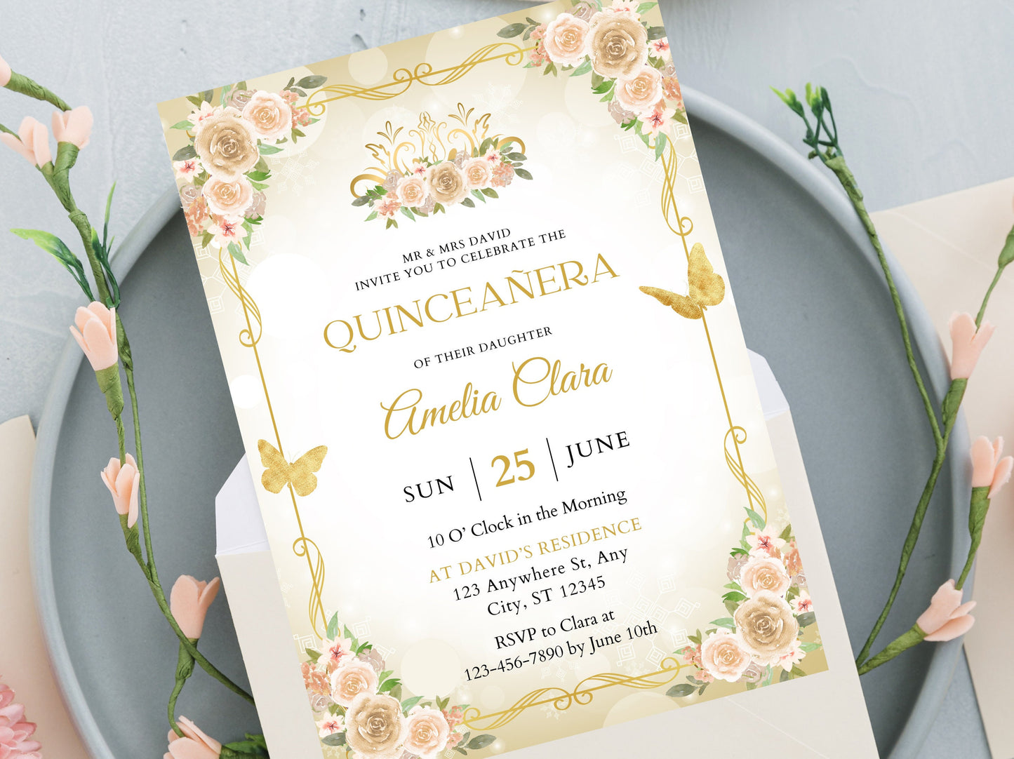 Quinceañera Invitation Template, Floral Miss Quince Anos, Gold Quinceanera Party Invite, Sweet 16, Girl 15th Birthday, Instant Download