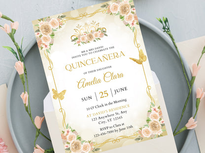 Quinceañera Invitation Template, Floral Miss Quince Anos, Gold Quinceanera Party Invite, Sweet 16, Girl 15th Birthday, Instant Download