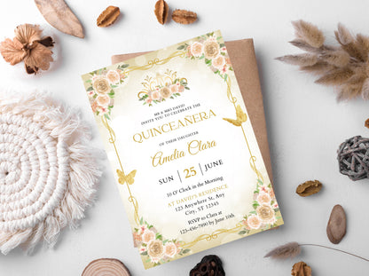 Quinceañera Invitation Template, Floral Miss Quince Anos, Gold Quinceanera Party Invite, Sweet 16, Girl 15th Birthday, Instant Download