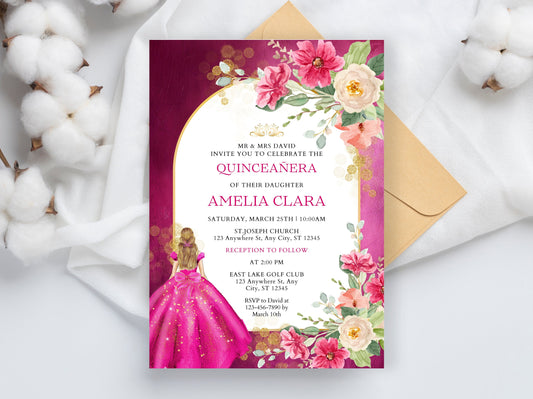 Pink Rose Quinceañera Invitation Template, Floral Miss Quince Anos (Digital Download)
