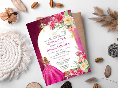 Pink Rose Quinceañera Invitation Template, Floral Miss Quince Anos (Digital Download)