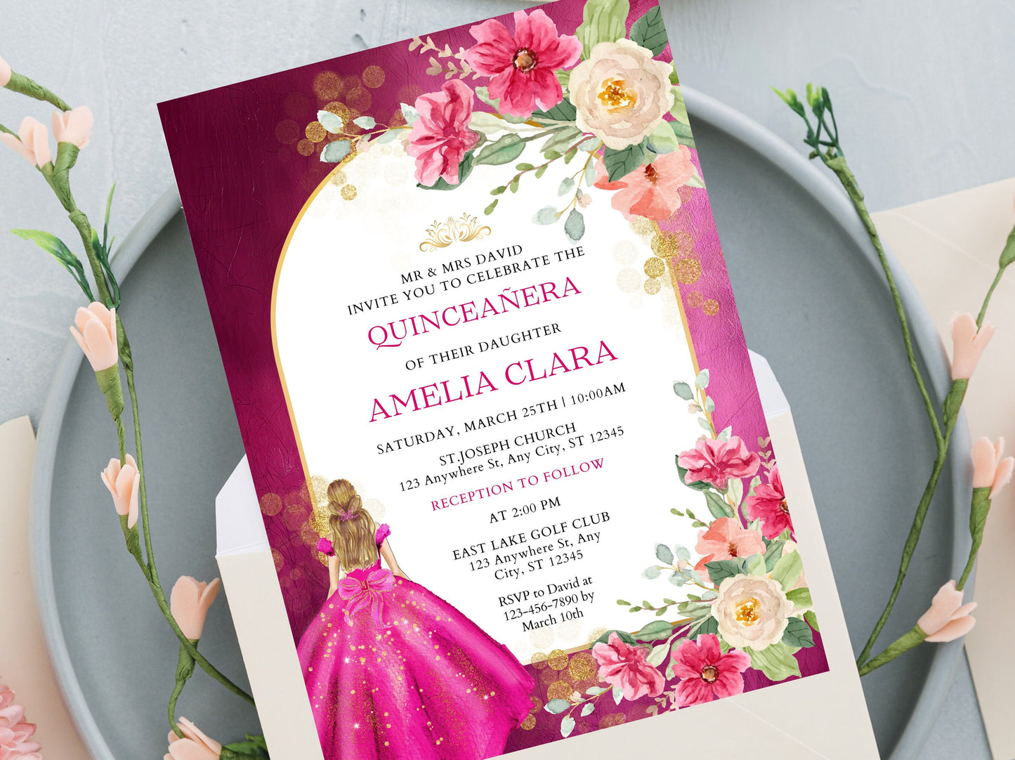 Pink Rose Quinceañera Invitation Template, Floral Miss Quince Anos (Digital Download)