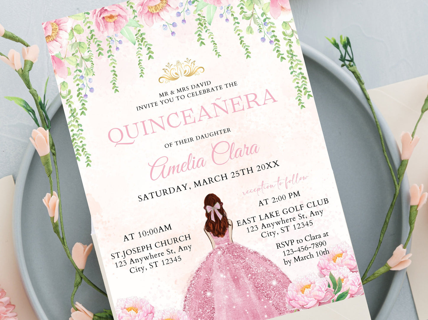 Floral Pink Dress Quinceañera Invitation Template (Editable, Digital Download)