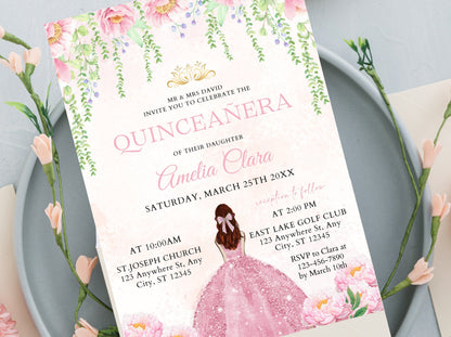Floral Pink Dress Quinceañera Invitation Template (Editable, Digital Download)