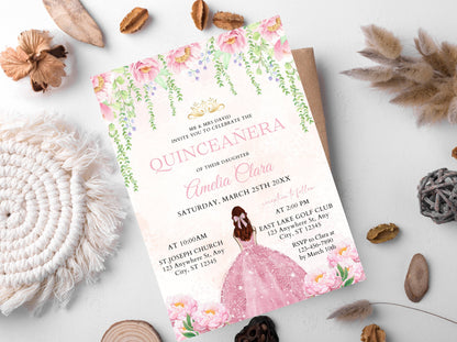 Floral Pink Dress Quinceañera Invitation Template (Editable, Digital Download)
