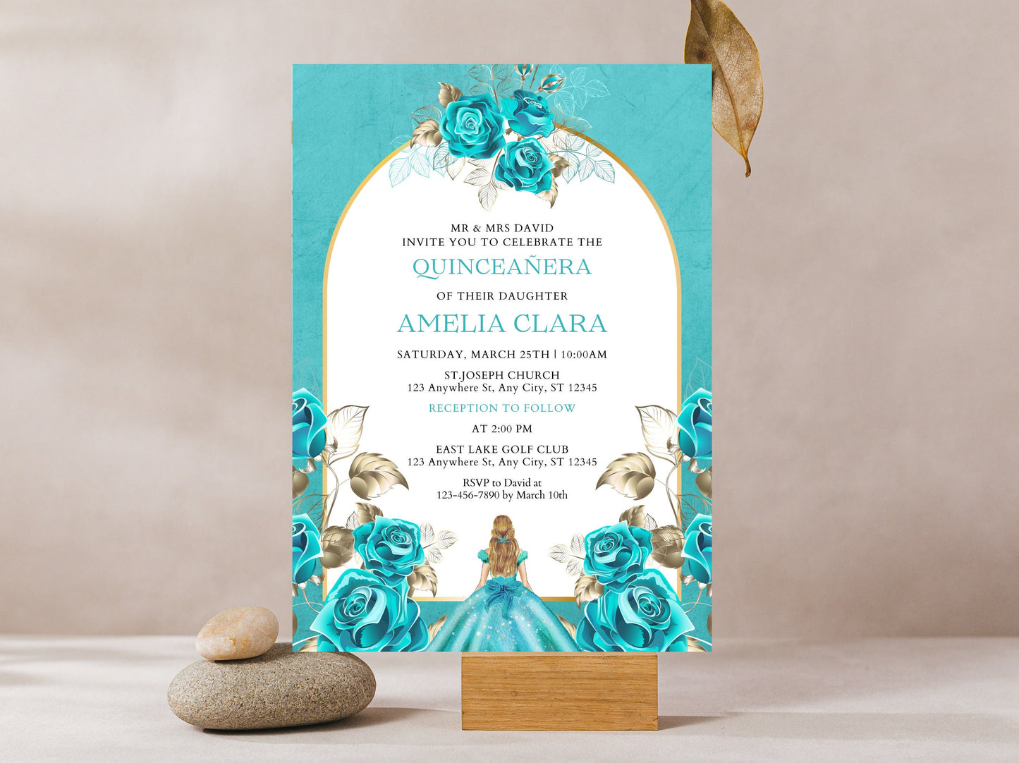 Aqua Blue Floral Quinceañera Invitation Template (Editable, Digital Download)