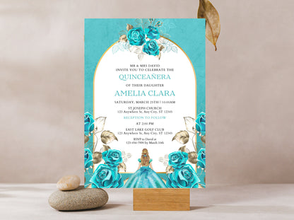 Aqua Blue Floral Quinceañera Invitation Template (Editable, Digital Download)