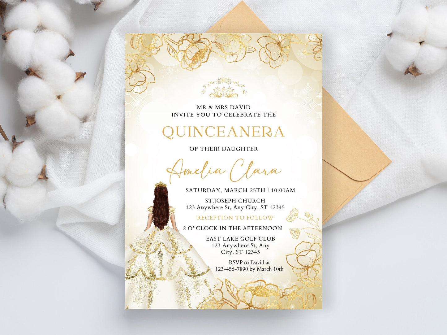 Editable Gold Quinceañera Invitation Template, Floral Quinceañera Invite, Sweet 16, 15th Birthday Party Printable, Instant Download