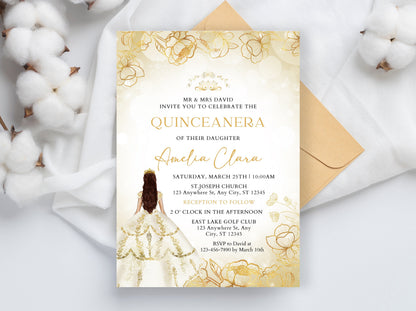 Editable Gold Quinceañera Invitation Template, Floral Quinceañera Invite, Sweet 16, 15th Birthday Party Printable, Instant Download