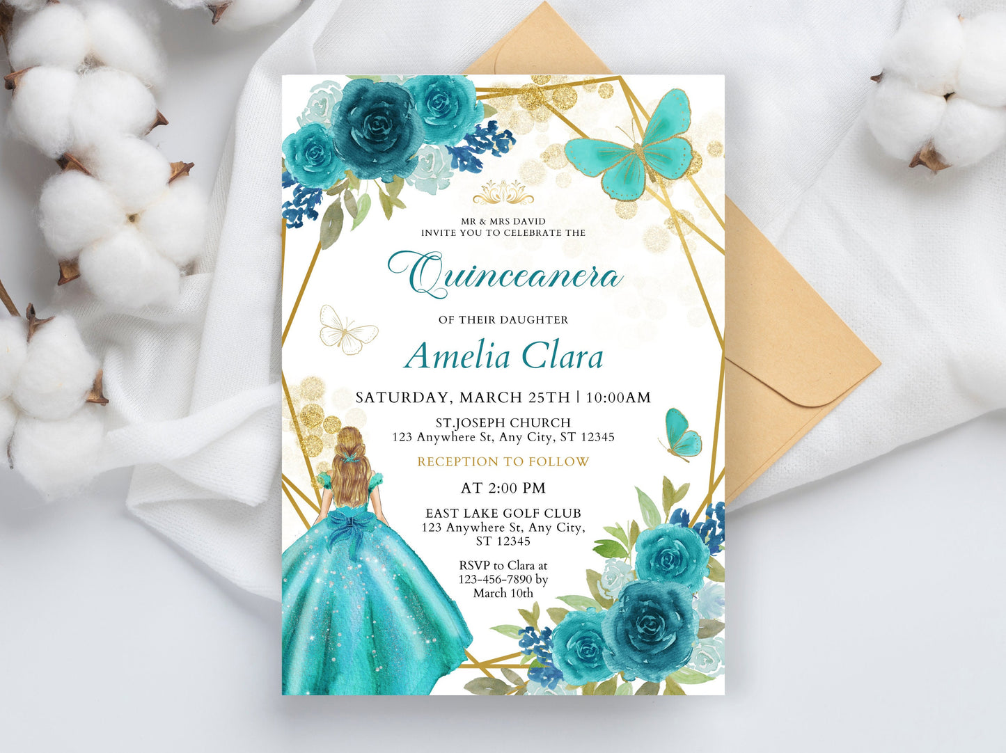 Editable Blue Gold Quinceanera Invitation Template, Wildflower Theme (Digital Download)