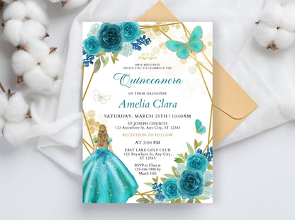 Editable Blue Gold Quinceanera Invitation Template, Wildflower Theme (Digital Download)