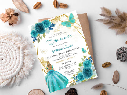 Editable Blue Gold Quinceanera Invitation Template, Wildflower Theme (Digital Download)
